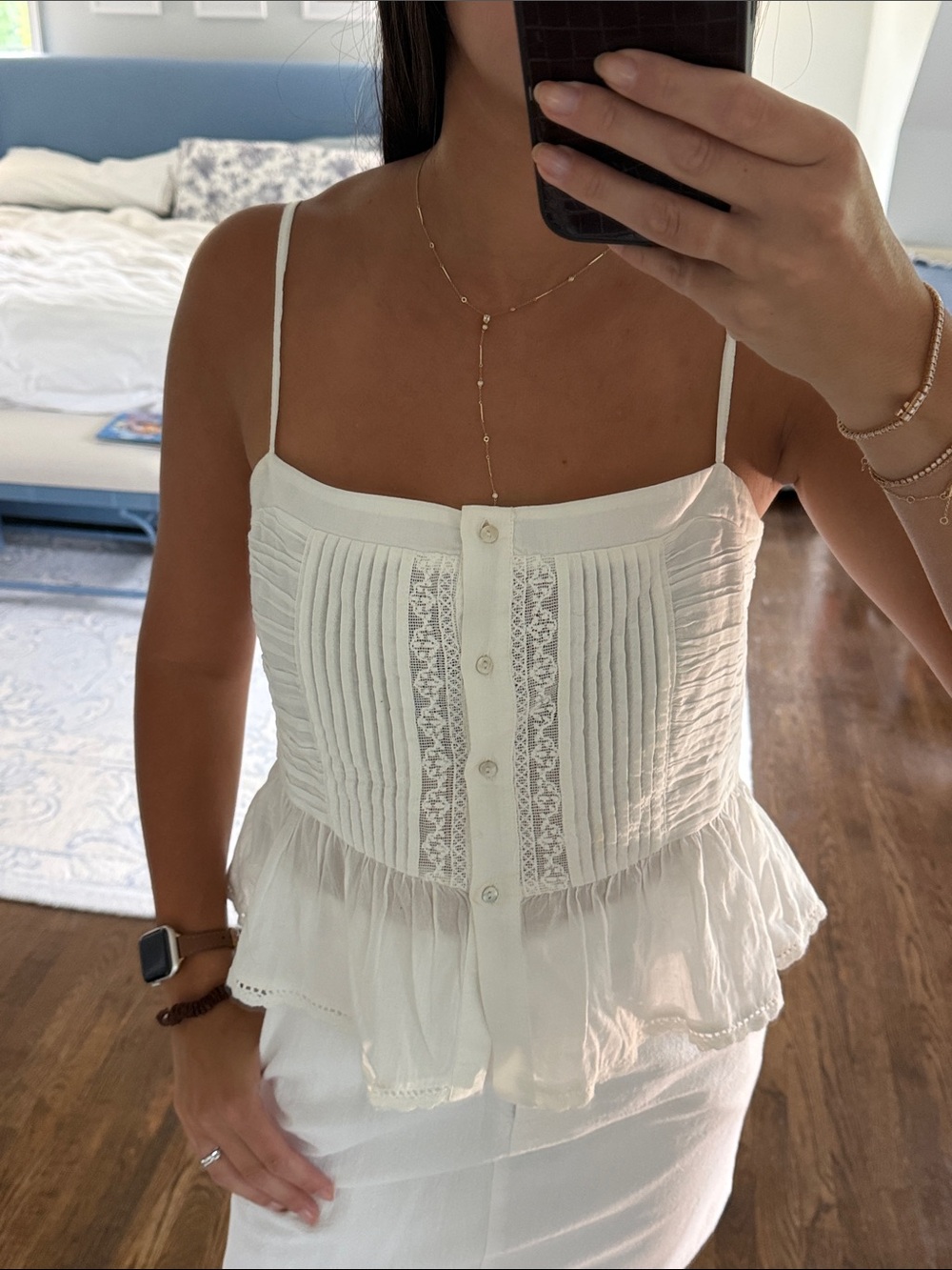Zara White Lace-Trim Button Front Peplum Tank